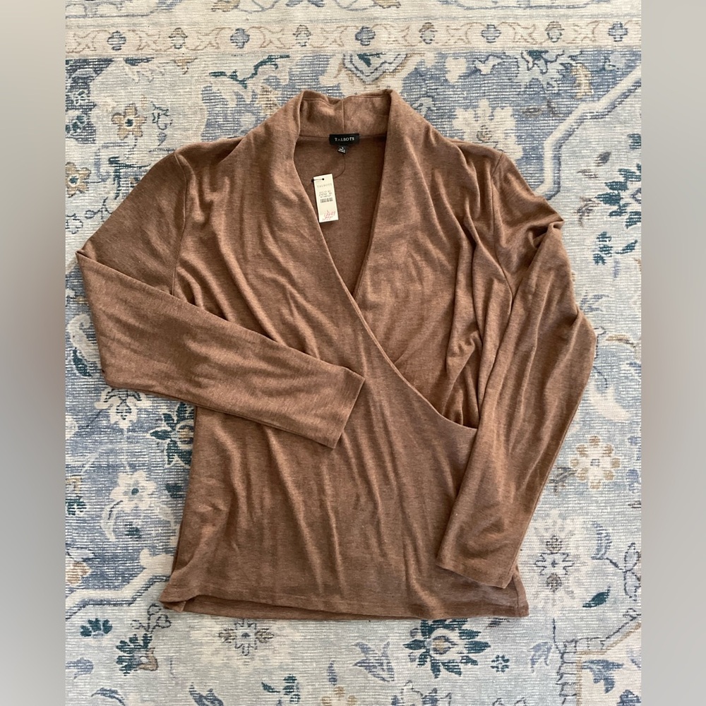 Talbots women brown faux wrap top Large NWT